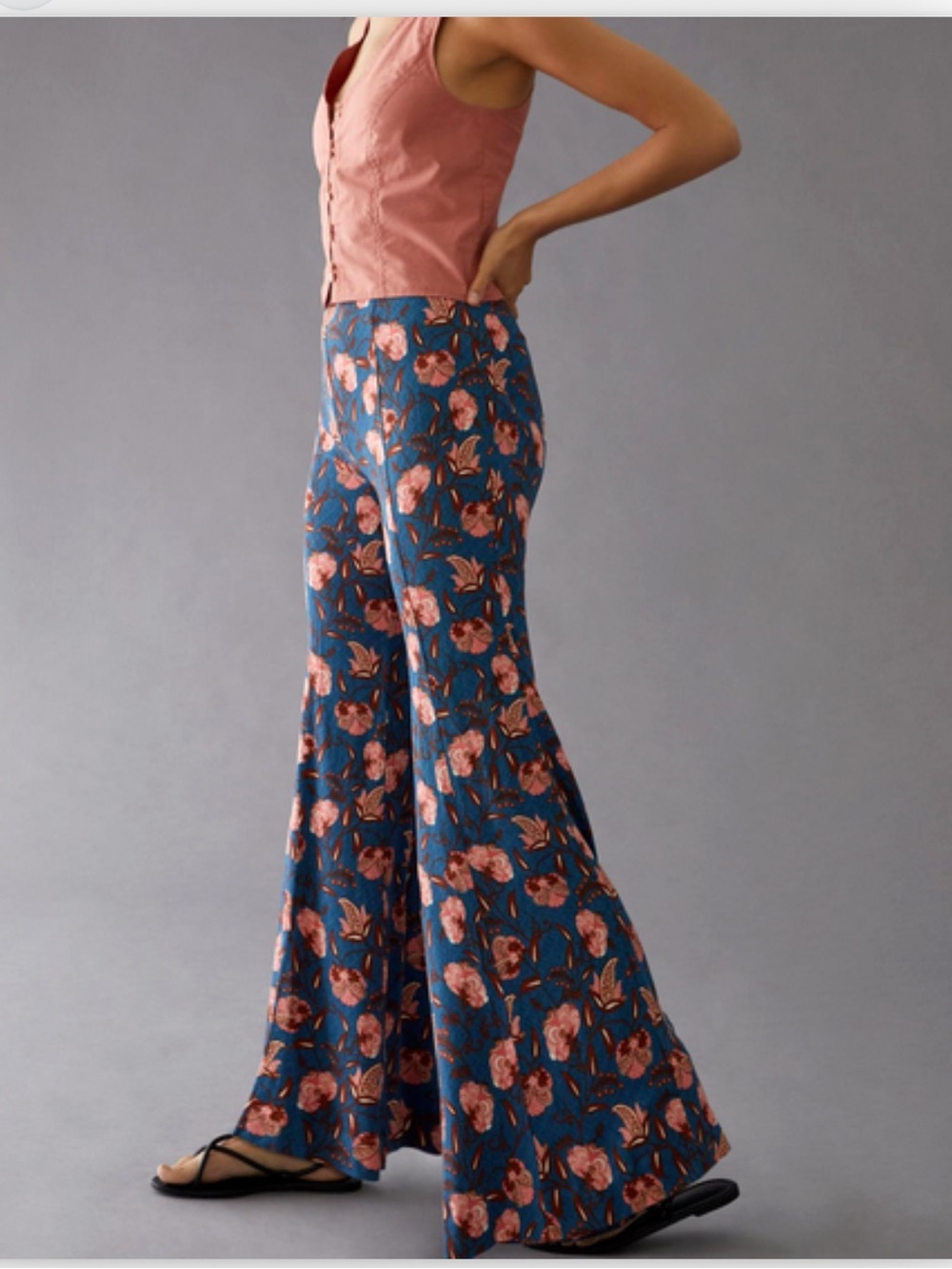 Anthropologie Drapey Floral Flare Bell Bottom Pants Blue Size 0 NWT